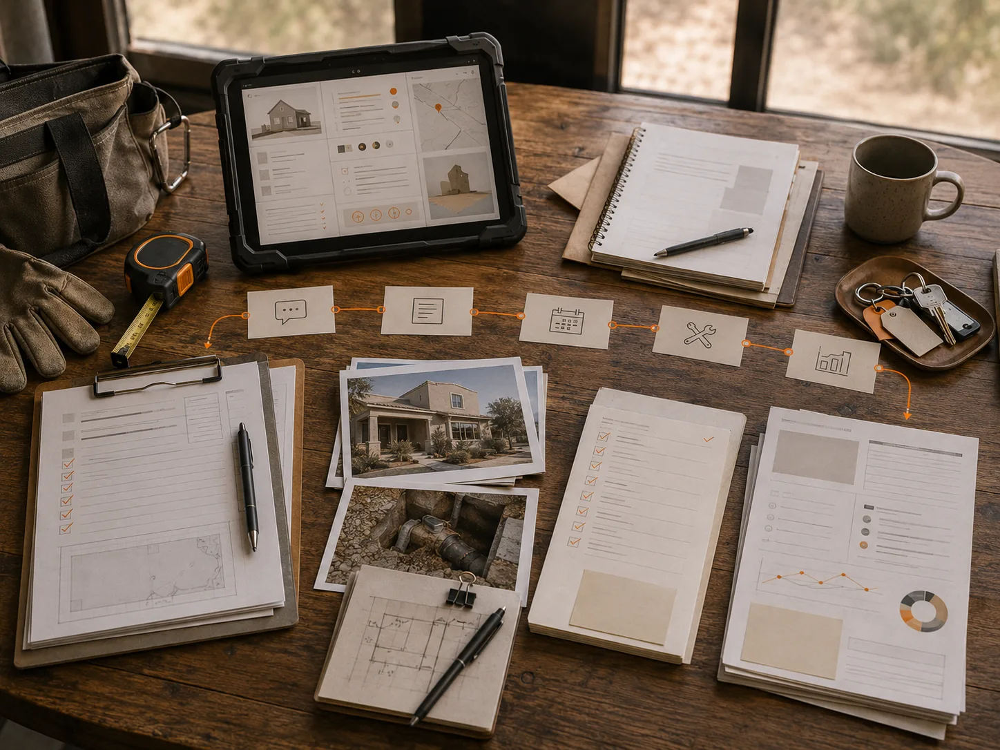 Field service notes, property photos, work-order sheets, a rugged tablet, keys, and tools arranged into an operations workflow