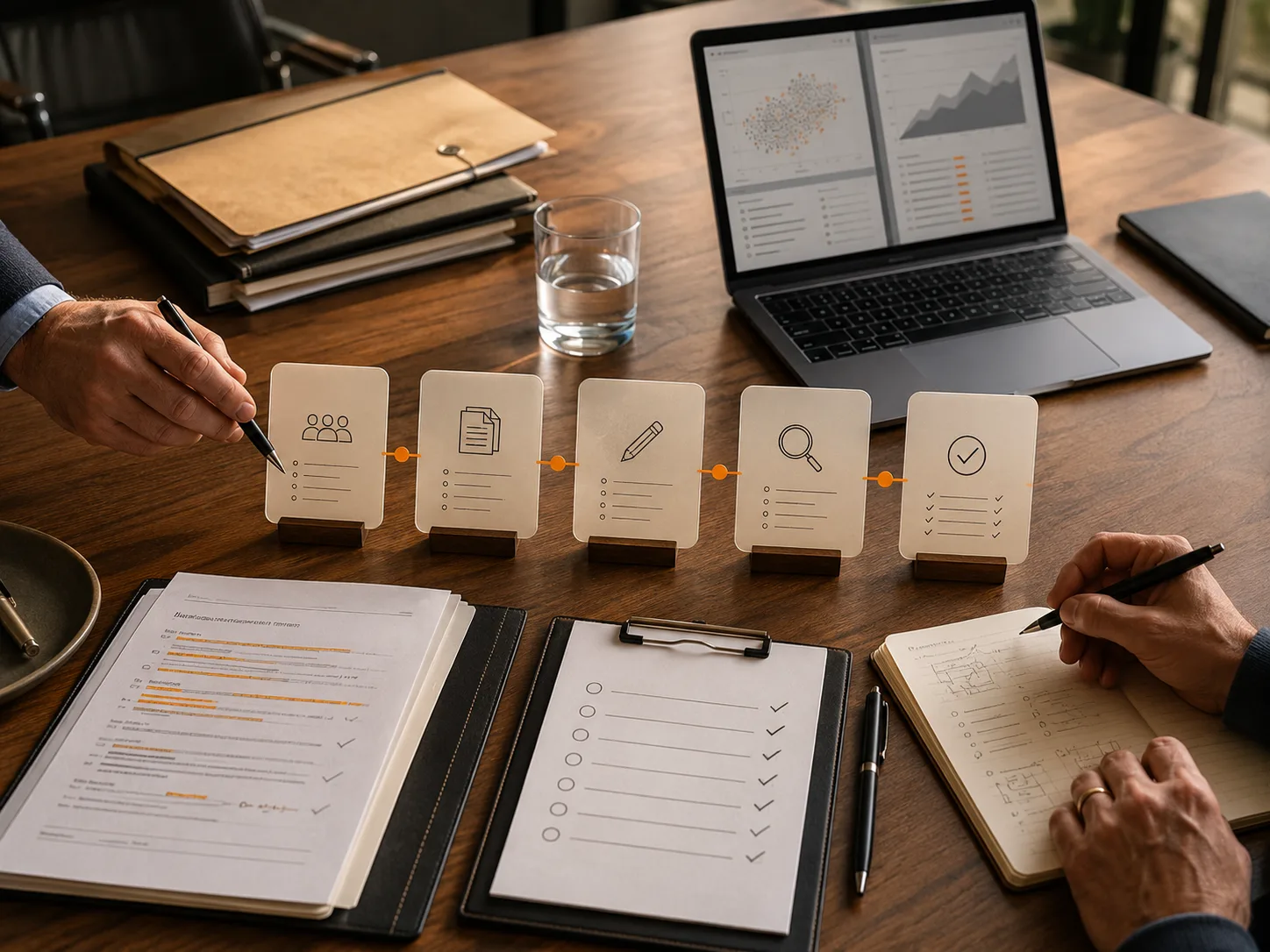 Professional services documents, review checklists, research materials, and approval cards arranged across a conference table