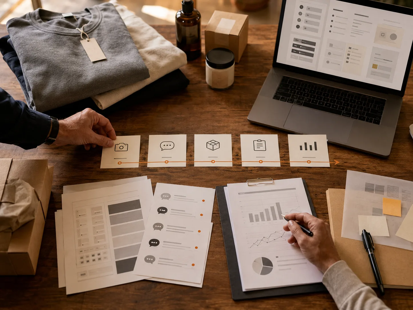 Retail products, packing materials, customer-message drafts, and reporting sheets arranged into a practical e-commerce workflow