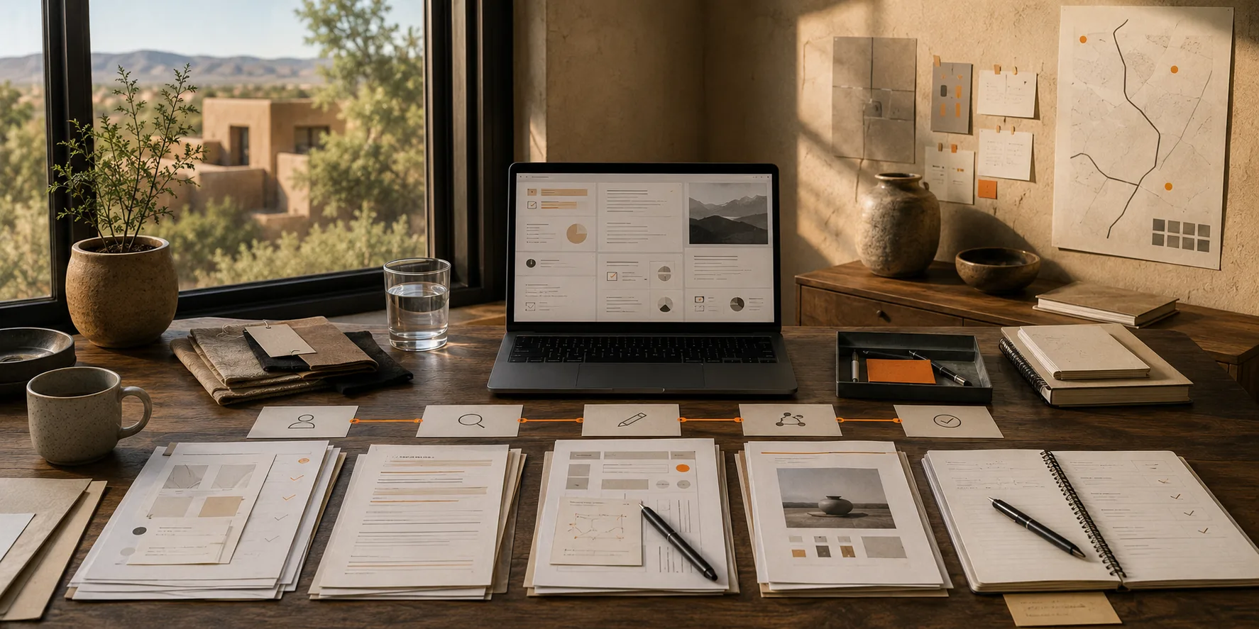 A warm Santa Fe workspace with business documents, a laptop, abstract workflow materials, and a view of New Mexico landscape