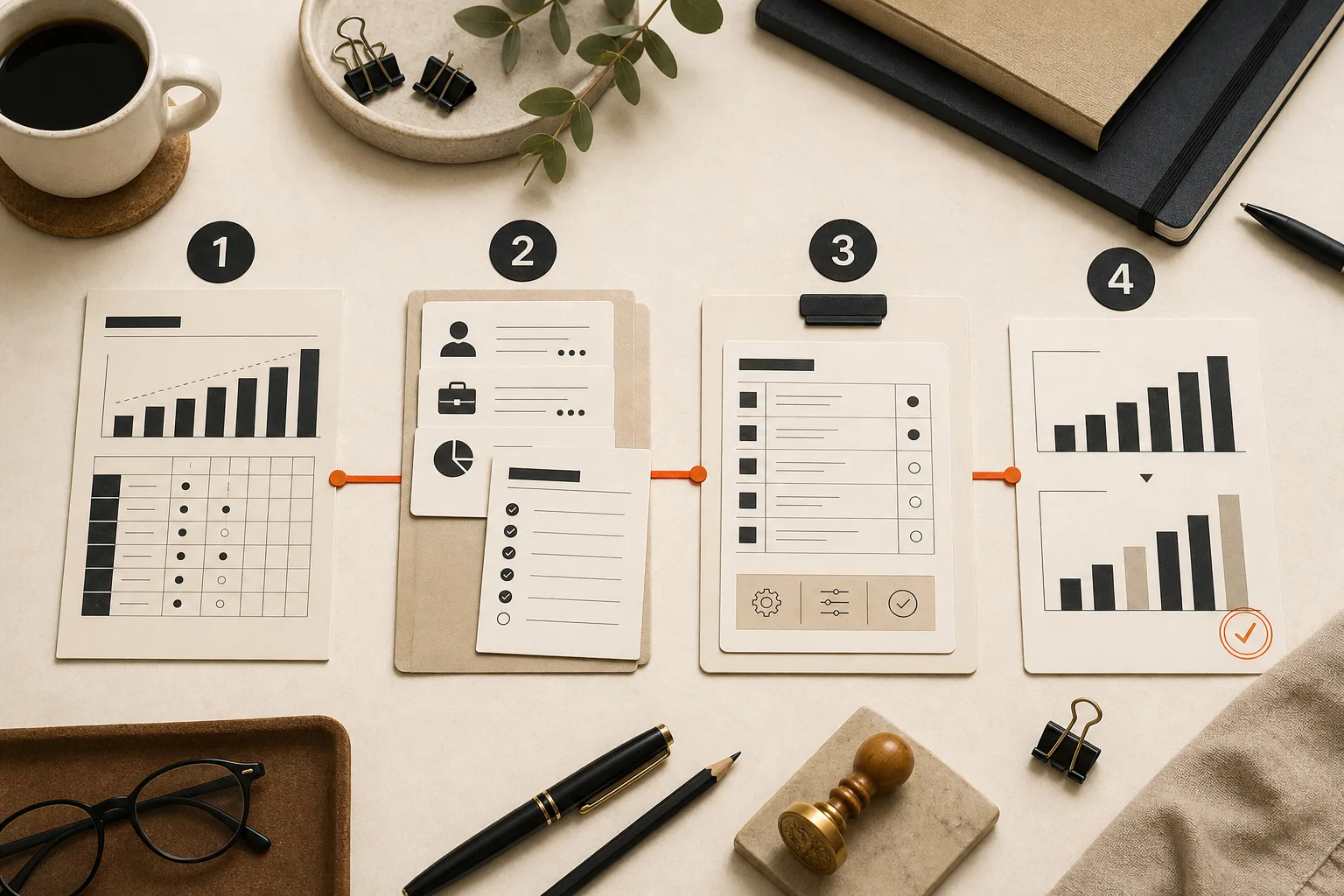 A four-week timeline of printed deliverables—baseline scorecard, role playbooks, a configured checklist, and a before-and-after comparison—threaded by an orange workflow line