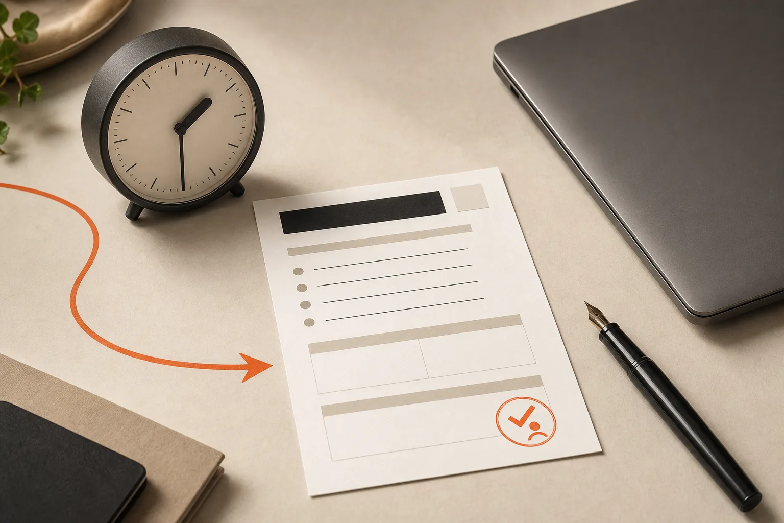 A spare executive desk with a single one-page decision memo, a desk clock suggesting 90 minutes, a closed laptop, and an orange arrow pointing to the chosen next step