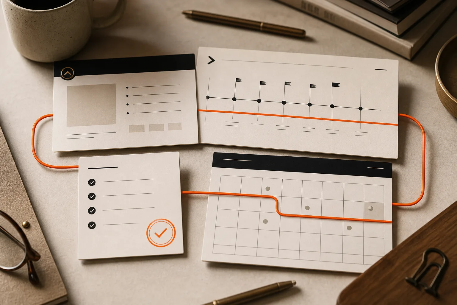 An operating desk with a monthly executive memo, a roadmap timeline, a governance checklist, and an office-hours calendar connected by a continuous orange thread