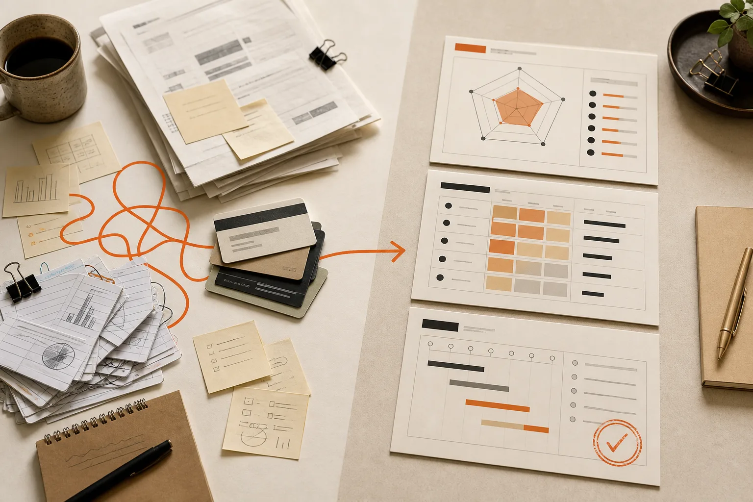 Scattered notes, documents, and software licenses on the left organized by an orange workflow line into a maturity scorecard, an opportunity matrix, and a 30-day plan with a human-approval stamp on the right