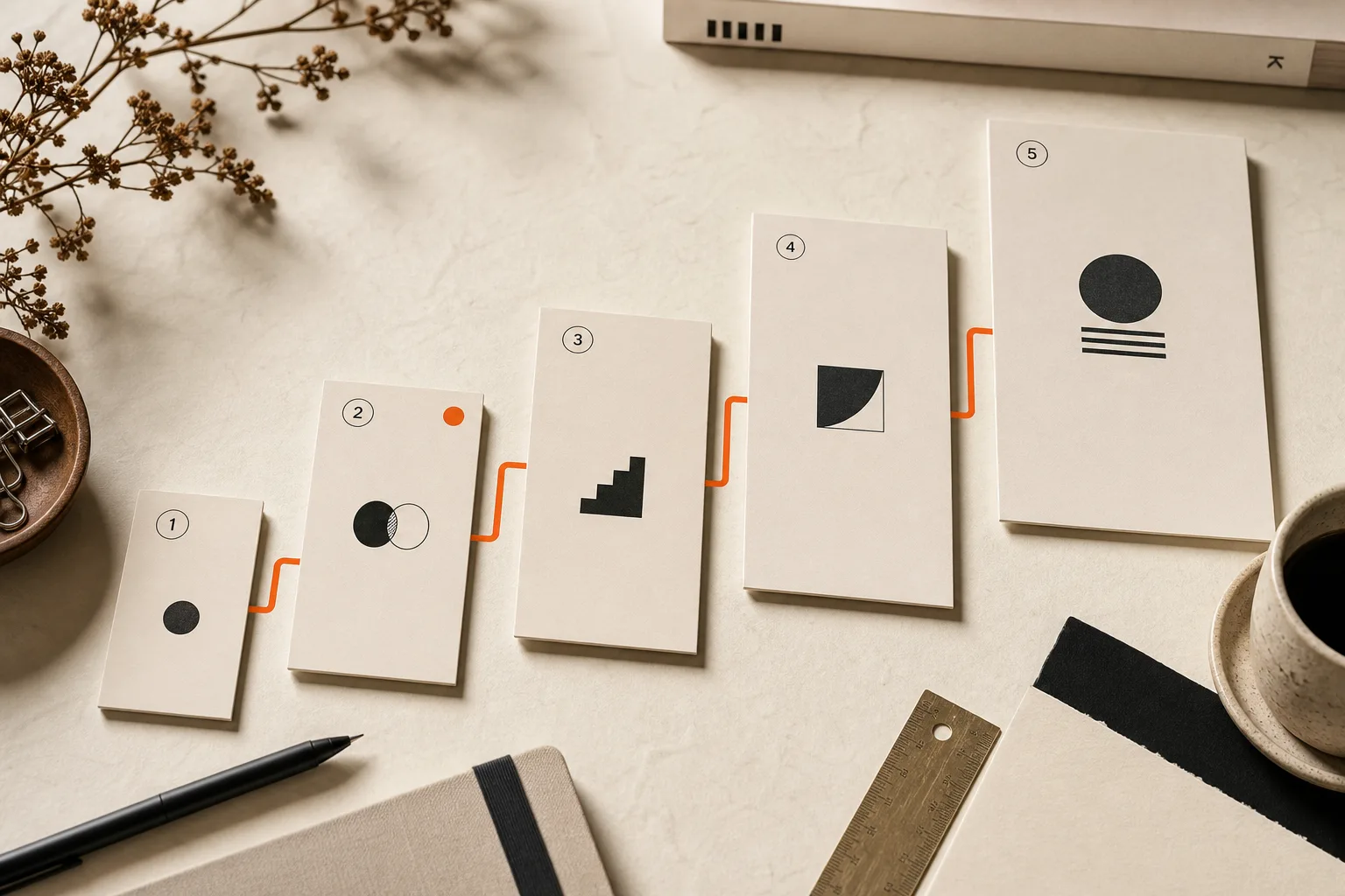 Five printed offer cards of increasing size arranged as ascending steps, connected by an orange workflow line, with a recommended mark on the second card