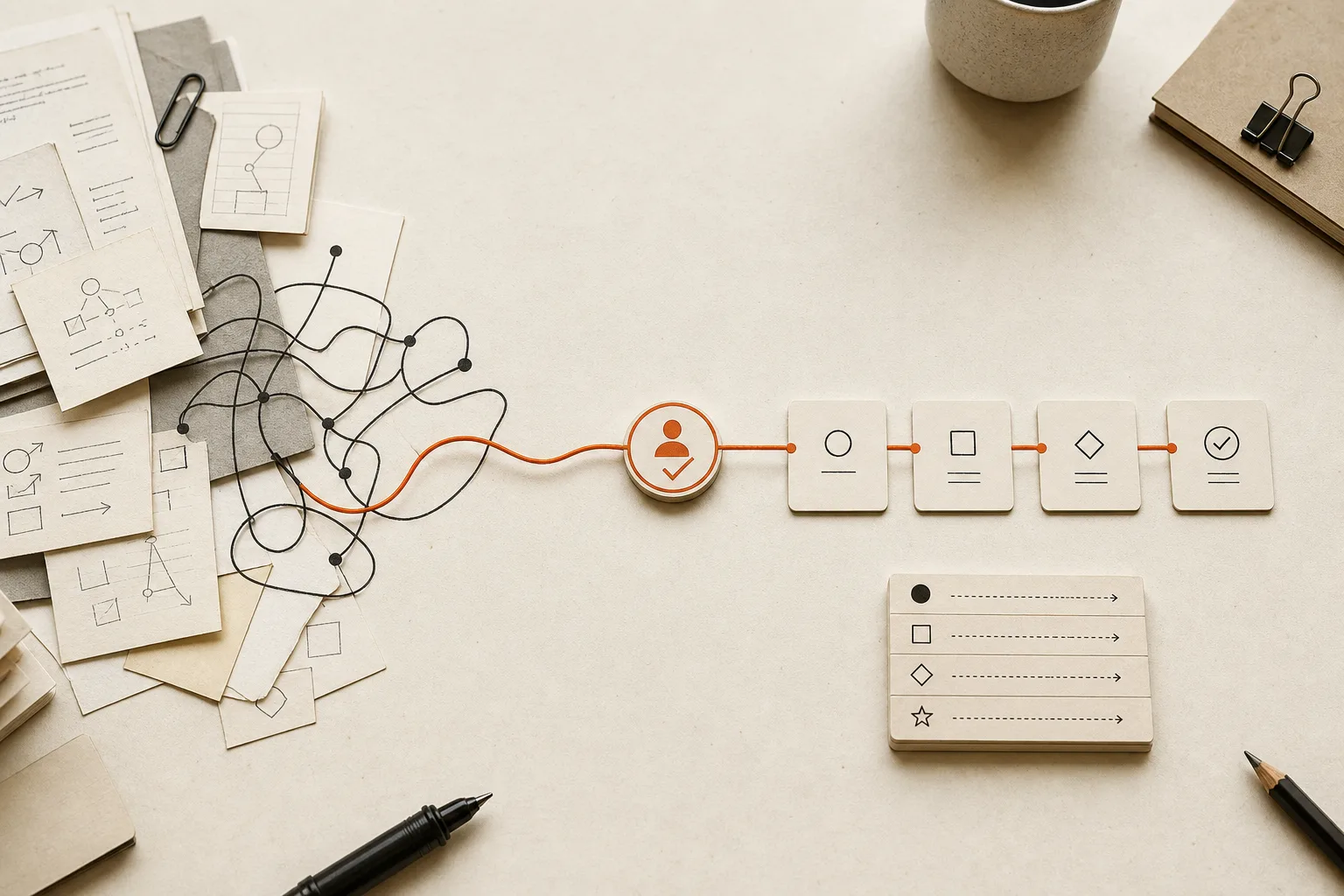 A tangled manual process on the left flowing through an orange human-approval checkpoint into a clean sequence of connected, reviewable workflow steps on the right